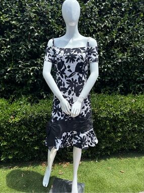Silk Black & White Floral Off-Shoulder Dress with Bow Detail Archival